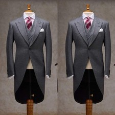 Gray Men's Suits With Tail Wedding Groom Party Prom Formal Long Jacket Tuxedos