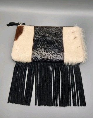 Real cow hide & Embossed Leather Wristlet clutch purse with Fringe Western