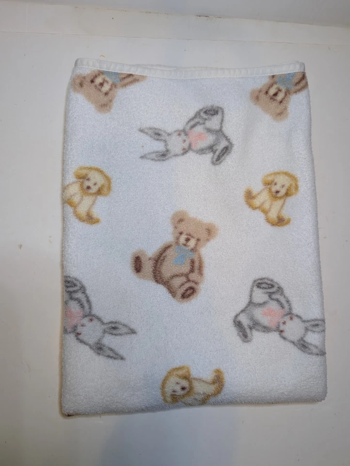 Vintage Carter's Fleece Baby Blanket Bunny Rabbit Puppy Dog Brown Bear White - Image 2 of 4