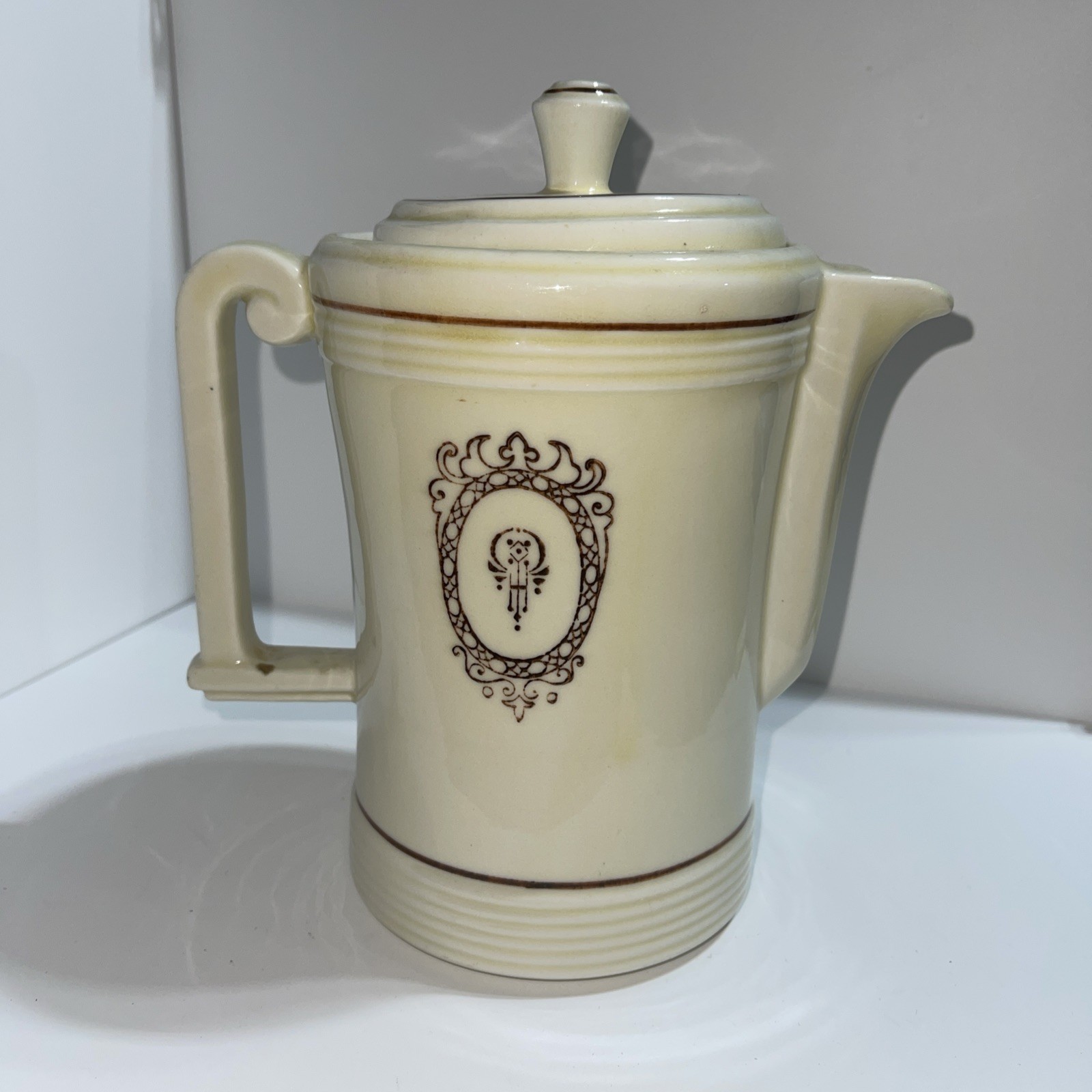 Antique/ vintage Porcelier French Drip coffee pot ivory brown w gold leaf accent
