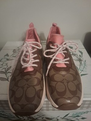 Womans Coach C270 Tech Running Sneakers in Brown Signature Logo Canvas with Pink