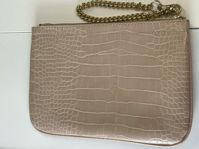 Aldo Croc Embossed Wristlet Clutch Beige Taupe Gold Chain Zip