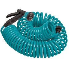 25 ft Blue Coil Hose with 8 Pattern Nozzle Lightweight Compact for Easy Use