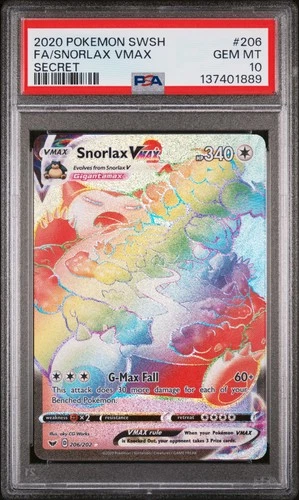 2020 POKEMON SWORD & SHIELD SECRET #206 FULL ART/SNORLAX VMAX PSA 10