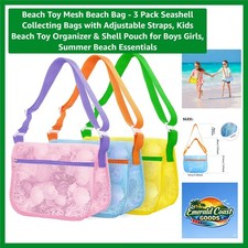 3 Pack Mesh Beach Bags with Adjustable Straps for Seashell Collecting Fun