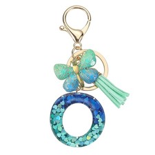Initial Letter Keychains, Resin Cute Pendant with Butterfly  Tassel, Teal-O