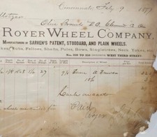 Royer Wheel Company 1877 Ruedas Cabezal de cartel Recibo Cincinnati Ohio 1800s Efímero