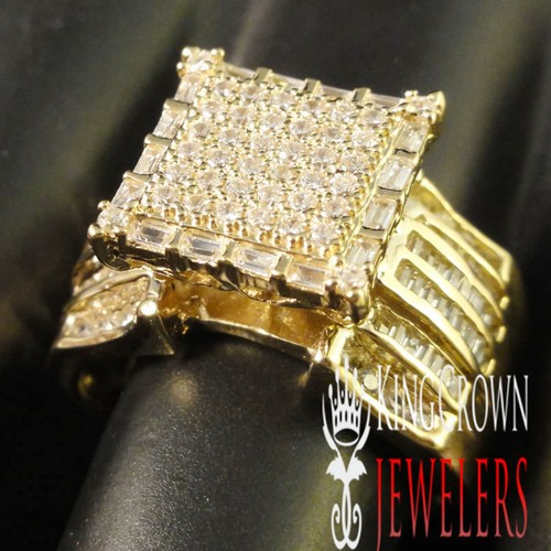 Big Top Round & Baguette Set Yellow Gold Finish Sterling Silver Bold Ladies Ring - Picture 7 of 8