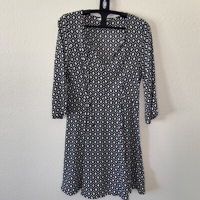 H M Women's Dress Size 10 3/4 Sleeve Geometric Pattern Black White 