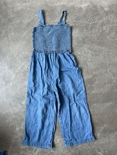 GAP Kids Cotton Girls Blend Wide Leg Blue Denim Smocked Jumpsuit Size Large L