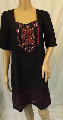  3Suisses   34 ~ F36 ~ Tolles Kleid ~ Baumwolle ~ schwarz  ~ mit Stickerei ~NEU