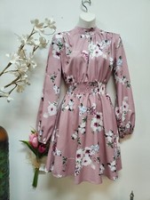 SHEIN Floral Turtle Neck Midi Dress Pink Long Sleeves Woman Sz XS Elastic Waist