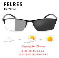 Metal Half Frame Photochromic Myopia Nearsighted Glasses Men Square Glasses New