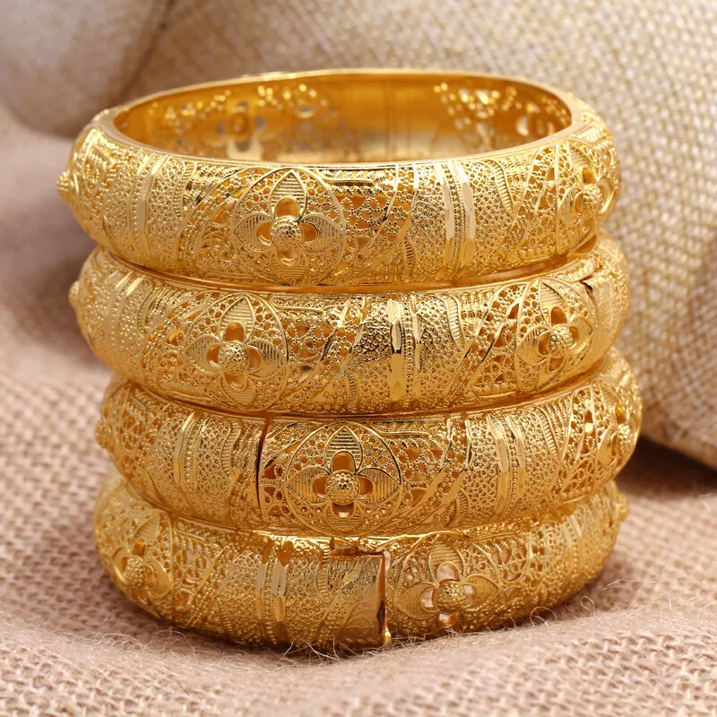 24k 2pcs Gold Bangle for Women Dubai Bride Wedding Bracelet Bangle