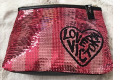 Victoria's Secret Love Red  Pink Sequins Cosmetic Makeup Bag Pouch Travel NWT