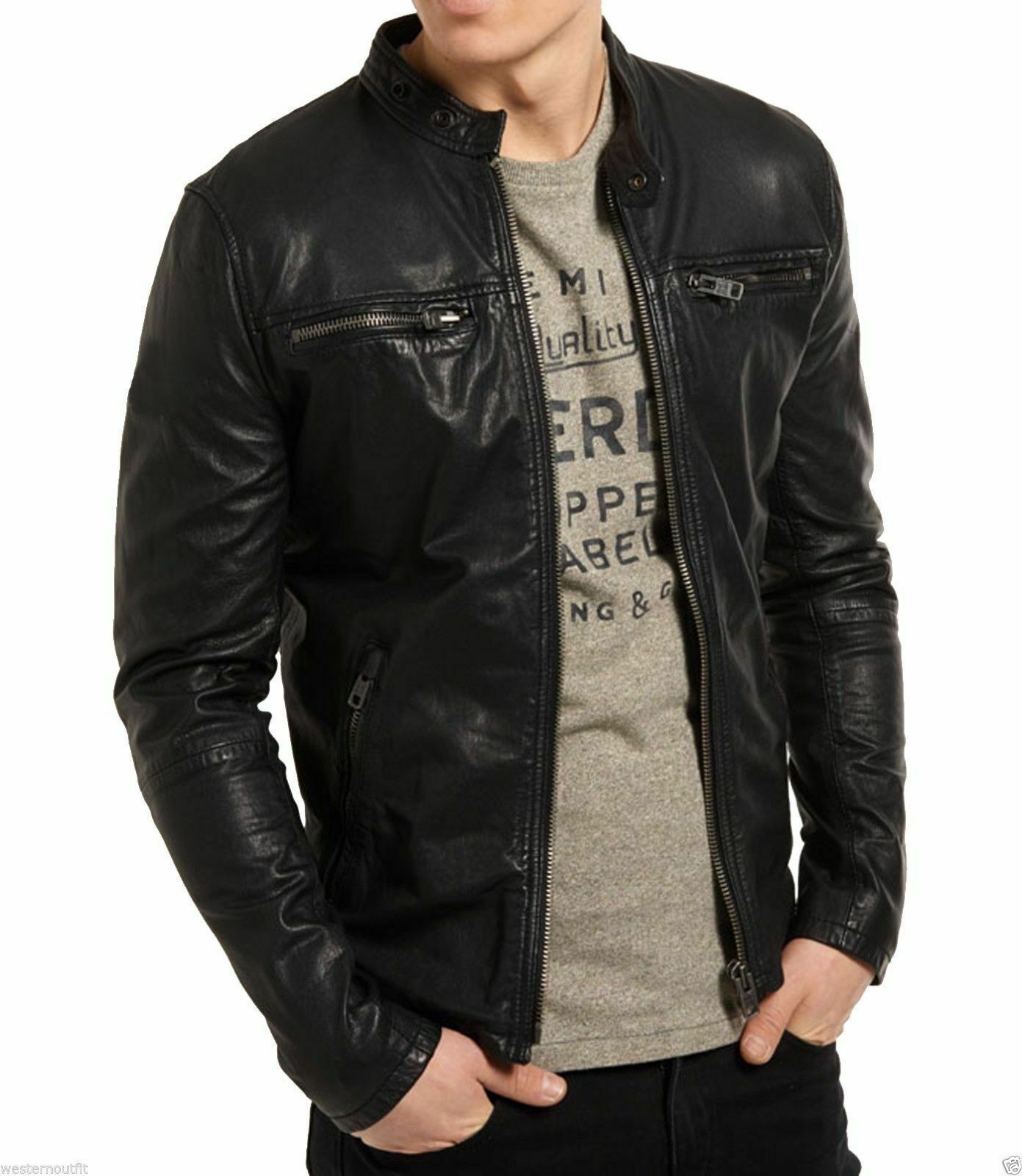 ALTRA Giacca cappotto nero uomo in vera pelle d'agnello regolare classico club racer moto moto