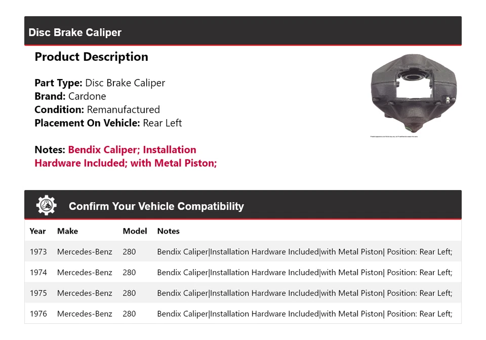 Pinza de freno de disco trasera izquierda cardone 1974 1975 para Mercedes-Benz 280 1973-1976 Foto 2 de 4