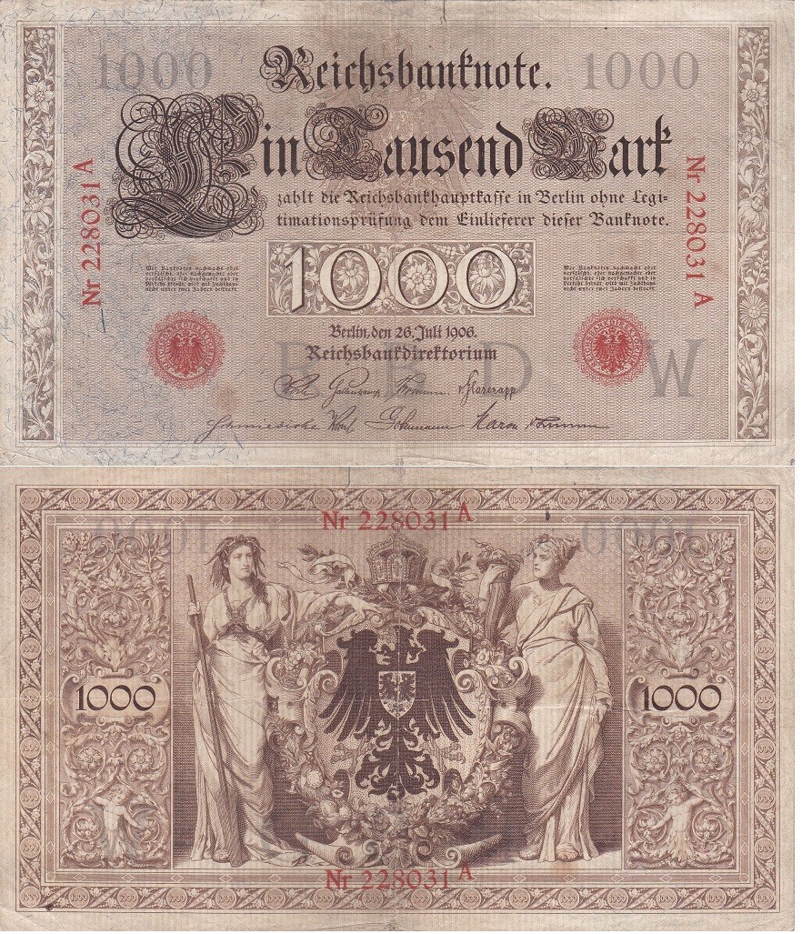 標本 Germany Dyisus margimalis 31mm Germany - 1000 Mark 1906 - F [Ro. 26, Udr.-Bst.: W, Serie Nr