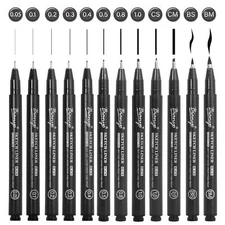 12-Pack Black Art Pen Set Assorted Fine Line Drawing Sizes Pigment Ink