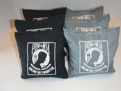 Set Of 8 Cornhole Bags Embroidered With MIA POW Design 4 Black Bags 4 Gray Bags