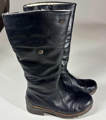 Rieker Tex Boots Womens Size 8.5 Black Crinkle Leather Shearling Lined Knee High