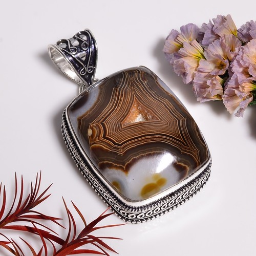 Brown Botswana Agate Druzy Gemstone Handmade 925 Silver Pendant 2.1" KAR_12367 - Picture 1 of 6