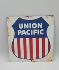 Vintage Union Pacific Railroad Railway Rustic Porcelain Enameled Metal Sign