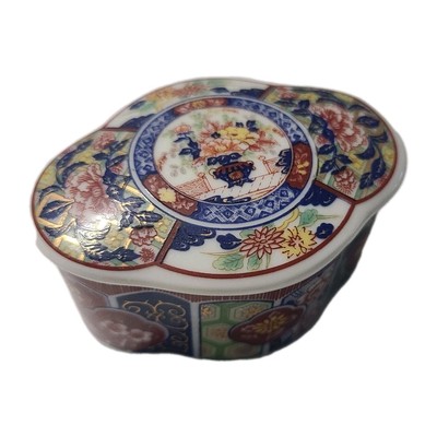 Trinket Box Imari Style Mini Small Vintage White Blue Japanese Lotus Flower 3''