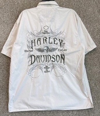 Harley Davidson Shirt Mens Large White Short Sleeve Skull Wings Button Up Garage
