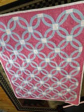 Vintage Twin Wedding Ring Quilted Quilt Pink Blue White 67 x 83 in Rectangular