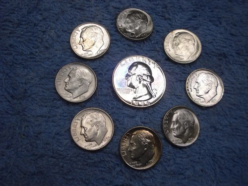 1956 PROOF WASHINGTON SILVER QUARTER + 8 SILVER ROOSEVELT DIMES FROM 1950S