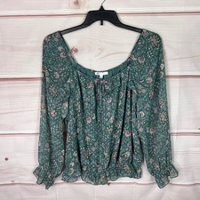DR2 Top Womens XXL Green Floral Blouse Chiffon Elastic Waist Pullover Scoop Neck
