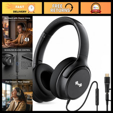 Wired Over-Ear Headphones with Microphone, 3.5mm  USB-C Adapter, Black