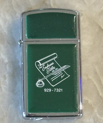 1986 Zippo Slim Green Panel / Chrome Advertising Title Company Lighter WORKS