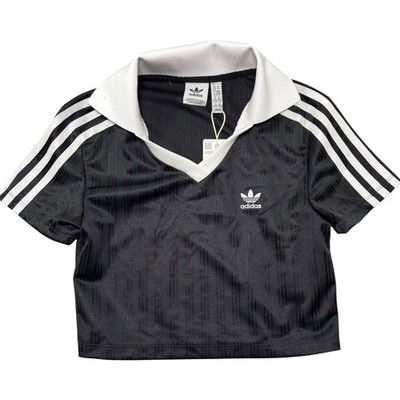 Adidas Adicolor Football Jacquard V Neck Cropped Polo Shirt Womens XS Black