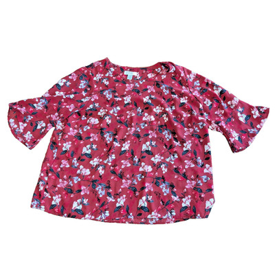 CJ Banks women's size 1X bell sleeve blouse shirt top tunic floral red EUC