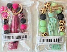 Beaded Wristlet Keychain Lot Tassel Bracelet Key Ring Pink Green Leopard 2pc
