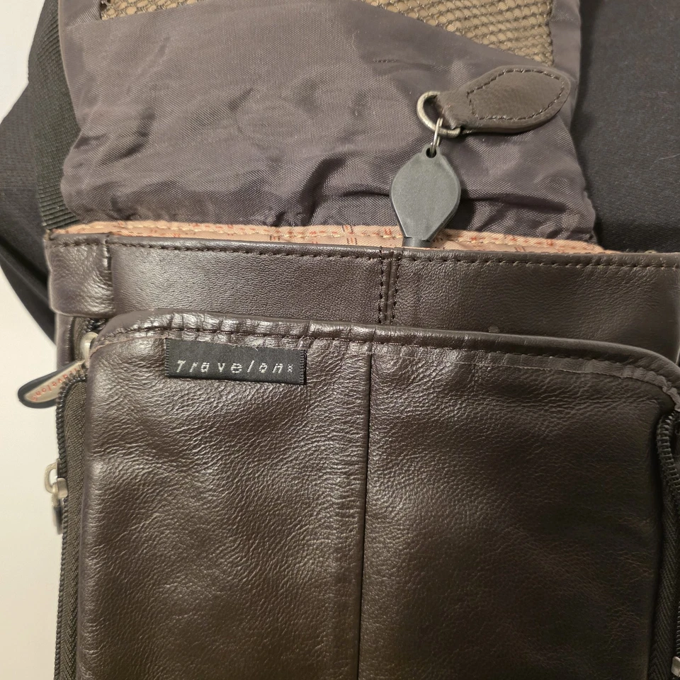 Travelon 斜挎包吊带袋棕色皮革紧凑型可扩展防盗旅行 — 第 3/4 张图片