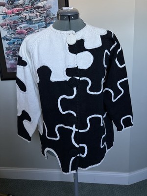 Michael Simon OS M L Puzzle Sweater Cardigan Embroidered