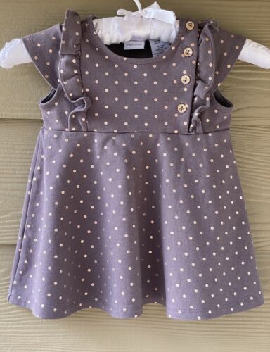 Tahari Girls Ruffled Gray Gold Polka Dot Jersey Dress Size 3T - Afbeelding 1 van 9