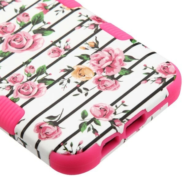 Para Samsung Galaxy A6 (2018) - Funda híbrida a prueba de golpes rosa rayas flores rosas Foto 4 de 4