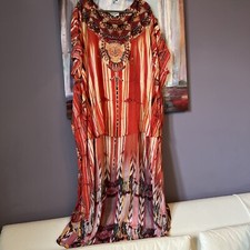 CAMILLA O/S Arrows of the Loom High-Low Caftan Dress Maxi 100%Silk RhinestoneEUC