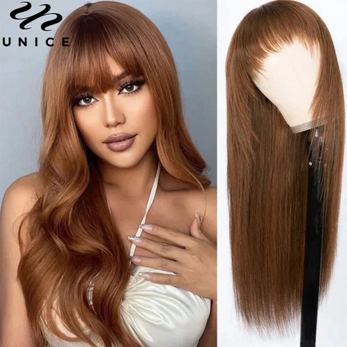 Malaysian Ginger Brown Straight Human Hair Wig with Bang Glueless Wigs for Women