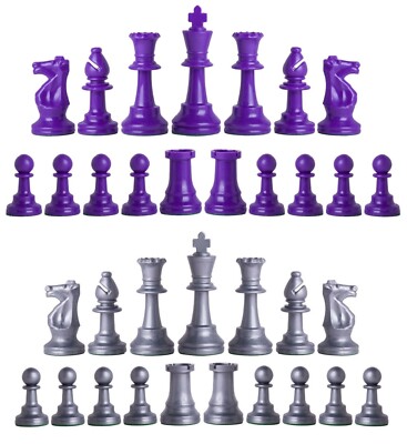 Staunton Single Weight Chess Pieces - Full Set 34 Purple & Silver - 4 Queens