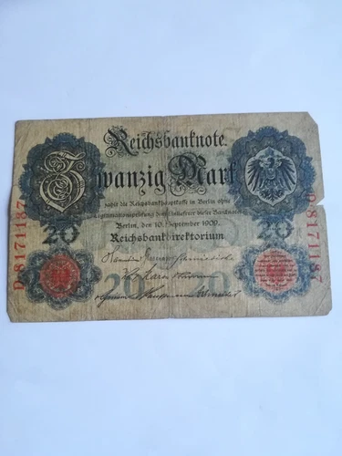 Reichsbanknote, Twenty Mark, 10 Sept. 1909, Red Seal, Red Number