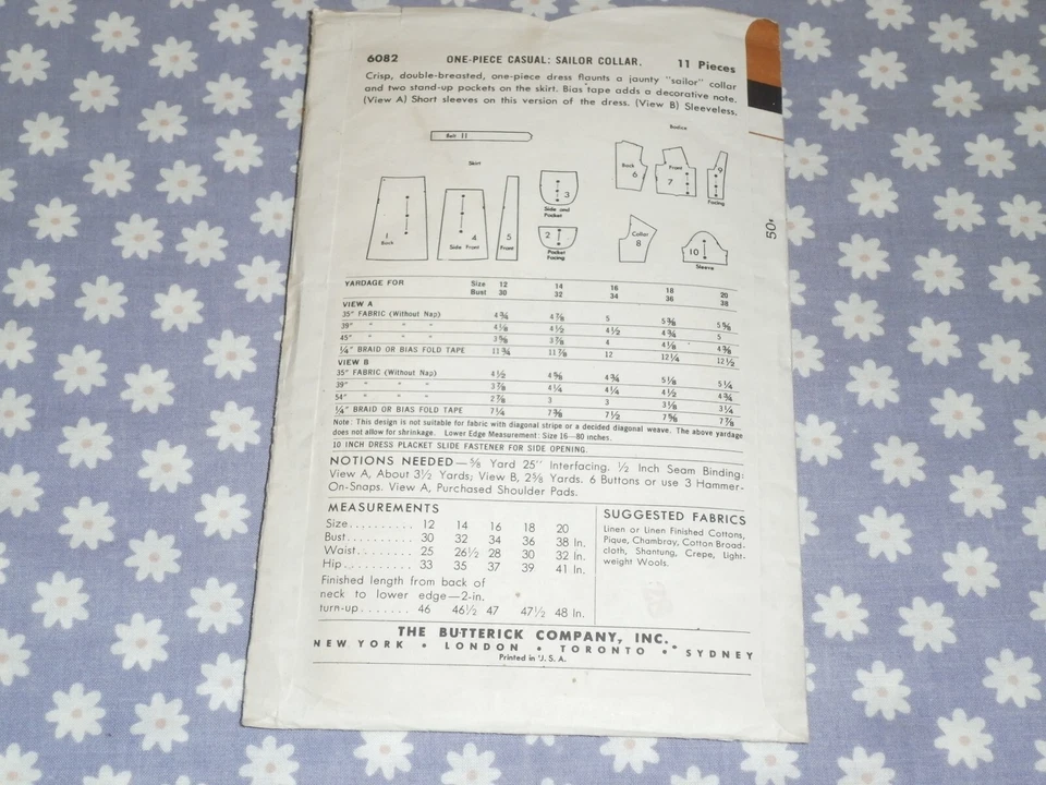 VTG BUTTERICK 6082 MISSES SAILOR COLLAR DBL BREASTED DRESS PATTERN-CUT-14/32 - Image 3 of 3