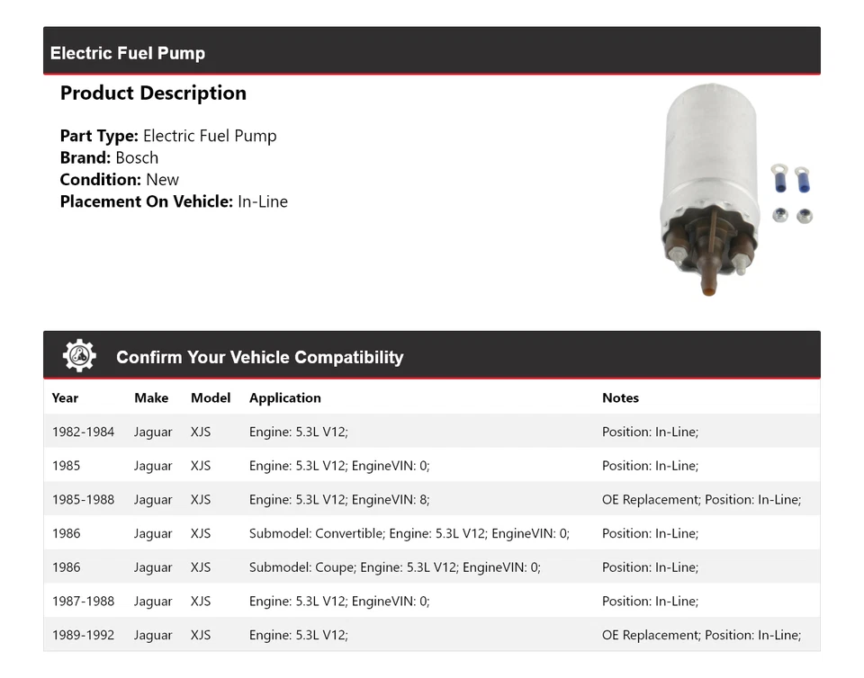 Bomba de combustible eléctrica Bosch en línea 1983 1984 para Jaguar XJS 1982-1992 5,3 L V12 Foto 2 de 4