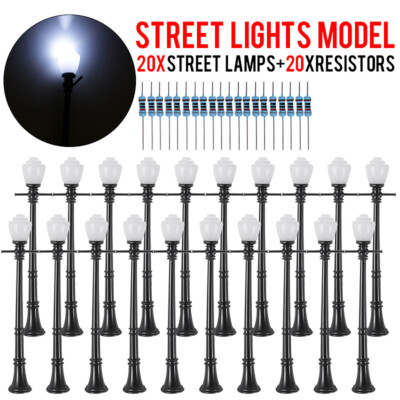 20Pcs 1:100 Model Railway Lamppost lamps Street Lights Set Mini Scale LED 97mm