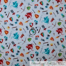 BonEful FABRIC FQ Cotton Quilt Cream VTG Renaissance Kid Boy Horse Knight Dragon