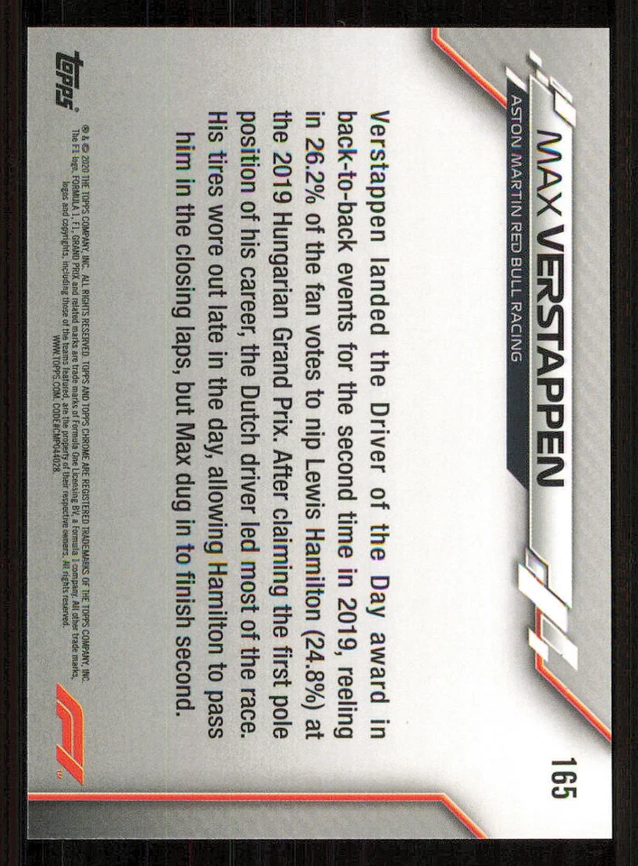 2020 Topps Chrome Formula 1 #165 Max Verstappen/Grand Prix Driver of the Day - Image 2 of 2